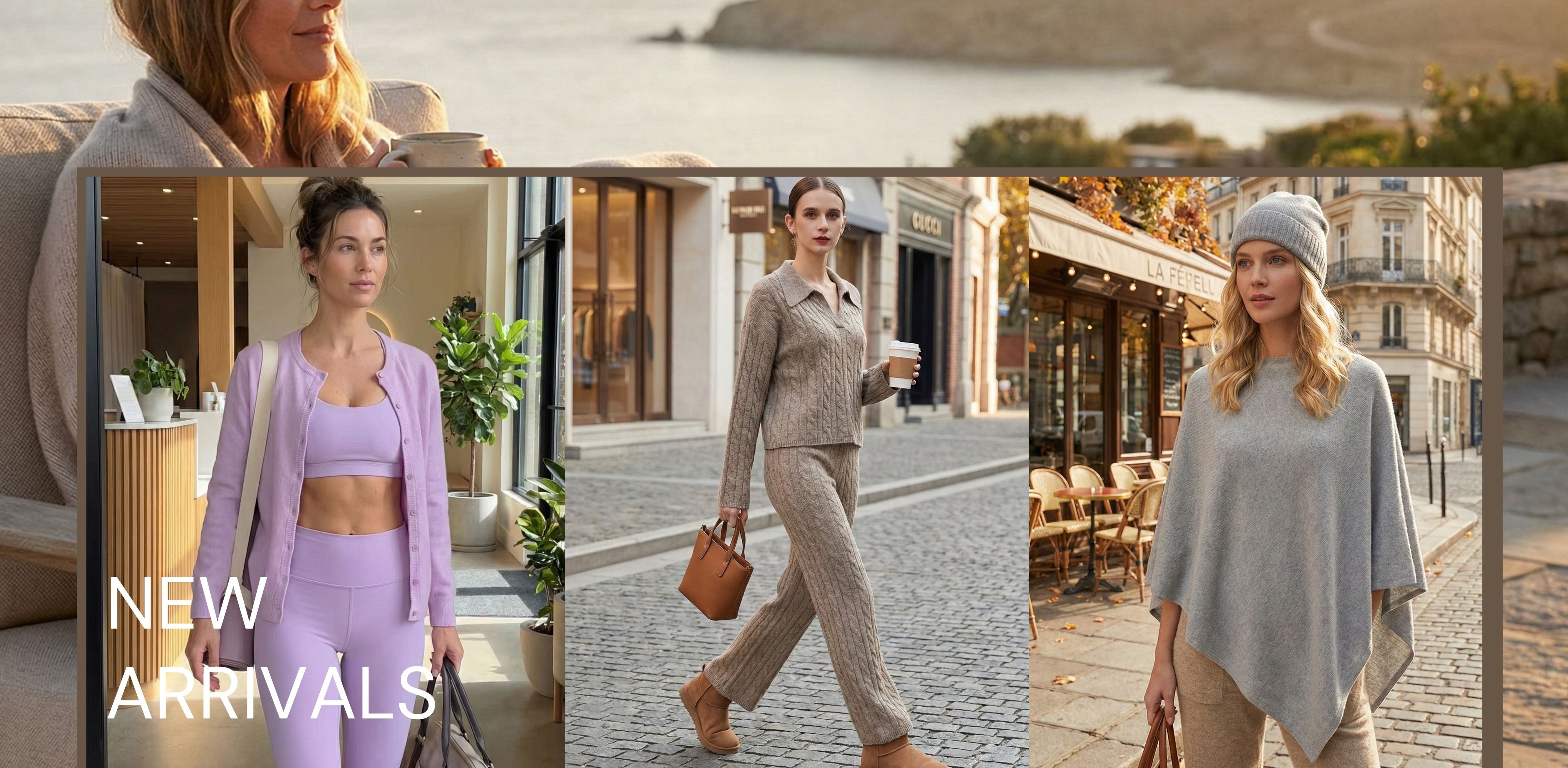 Women’s 100% cashmere new arrivals — lilac cardigan set, camel cashmere shawl, and grey poncho outfit — luxury soft knitwear by USCashmere.co