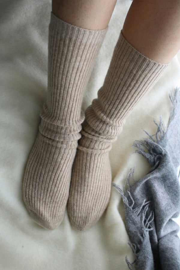 100% Cashmere Rib-Knit Socks, crafted from premium natural cashmere for unmatched softness, warmth