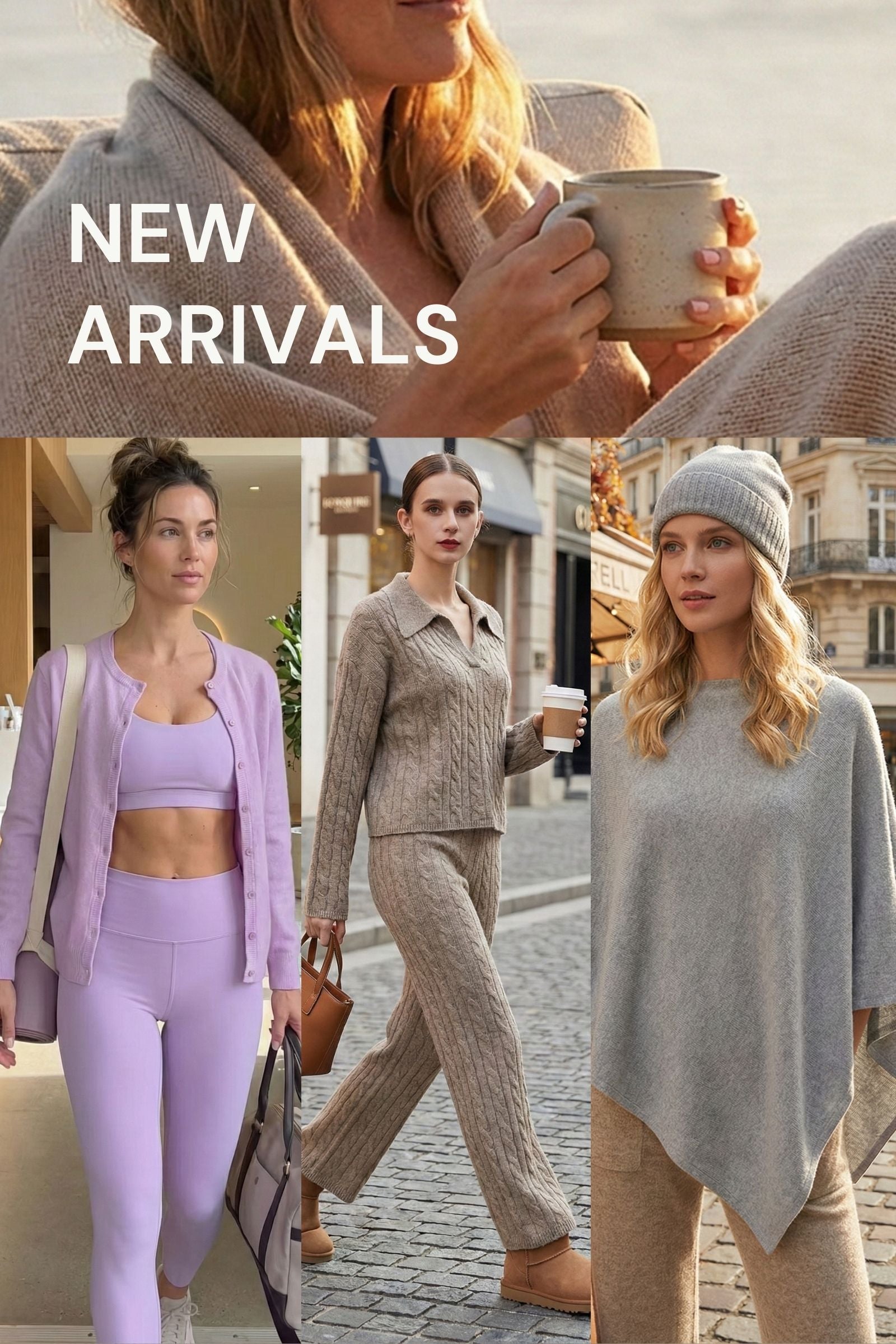 Women’s 100% cashmere new arrivals — lilac cardigan set, camel cashmere shawl, and grey poncho outfit — luxury soft knitwear by USCashmere.co