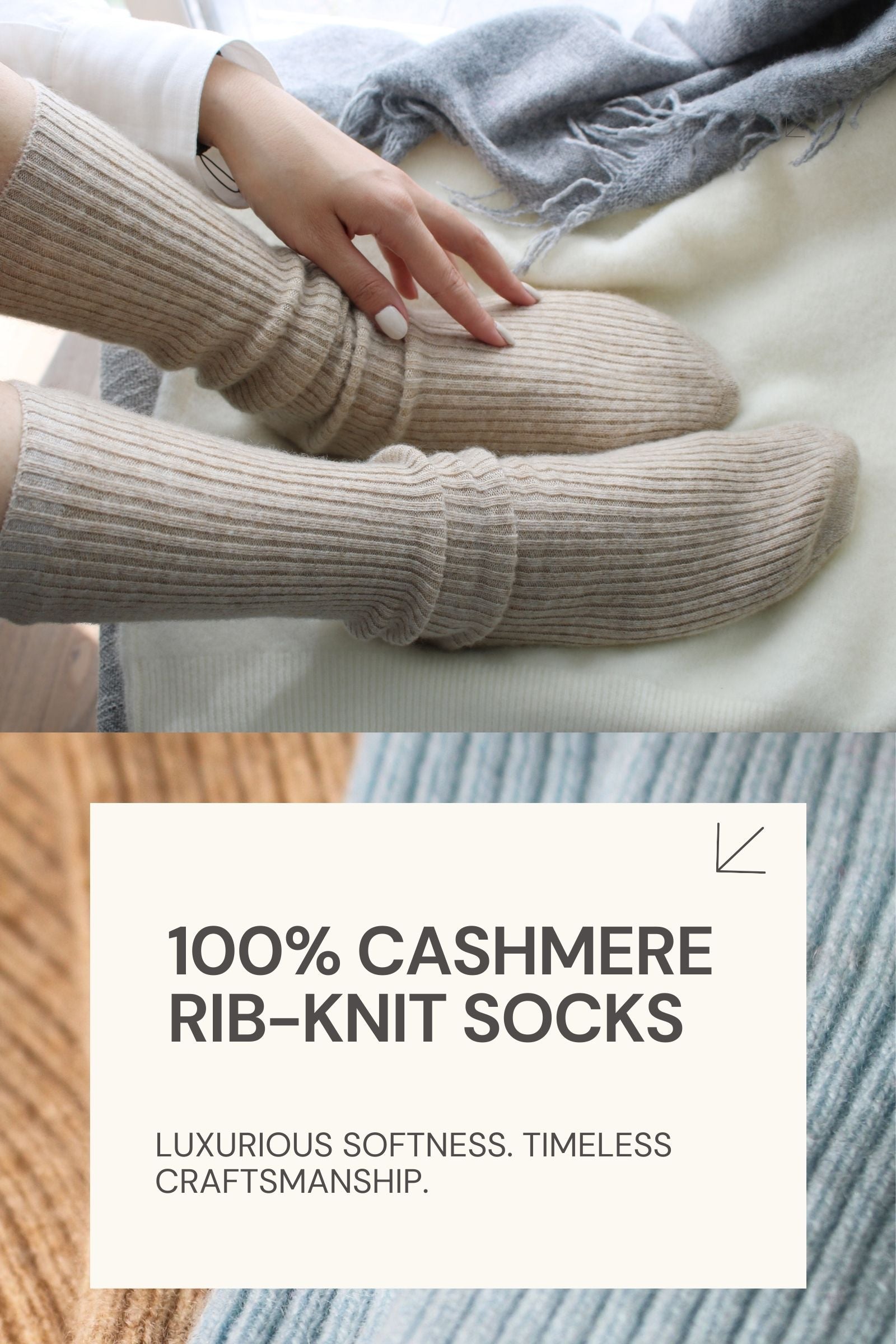 Experience ultimate comfort from the ground up with our 100% Cashmere Rib-Knit Socks, crafted from premium natural cashmere for unmatched softness, warmth, and breathability