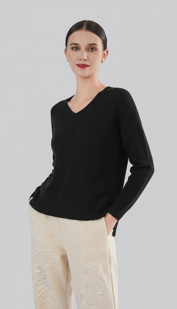 Women’s 100% Cashmere Black V-Neck Sweater