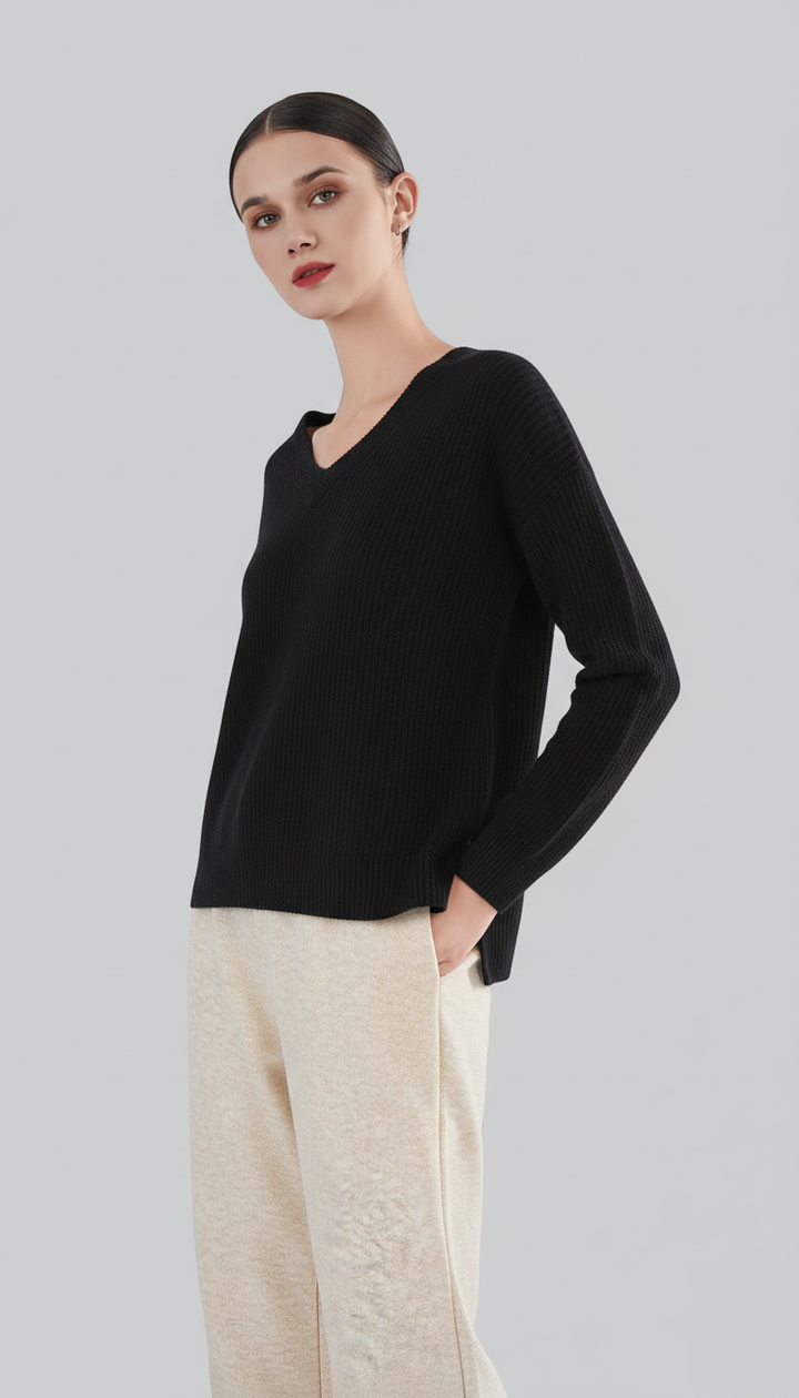 Women’s 100% Cashmere Black V-Neck Sweater