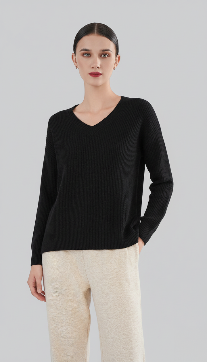 Women’s 100% Cashmere Black V-Neck Sweater