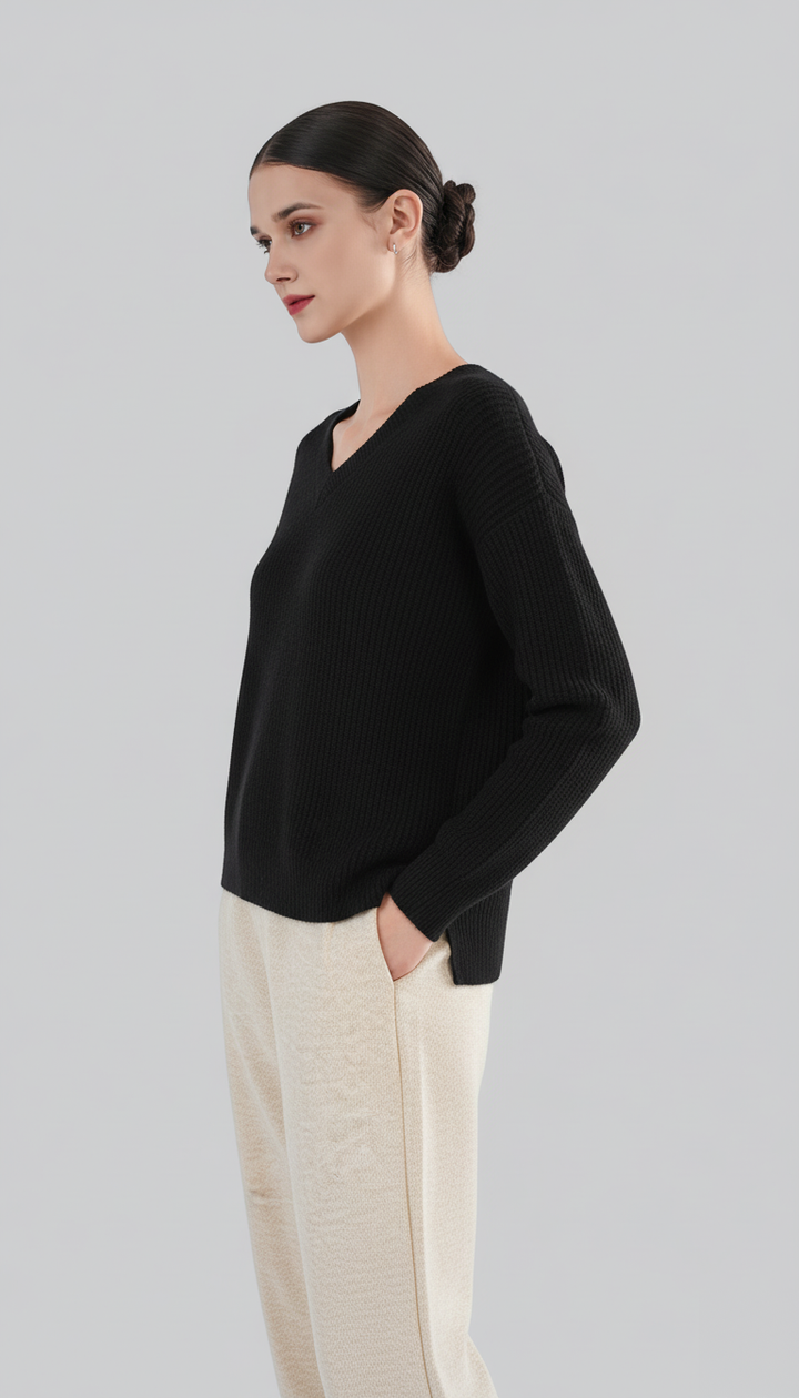 Women’s 100% Cashmere Black V-Neck Sweater