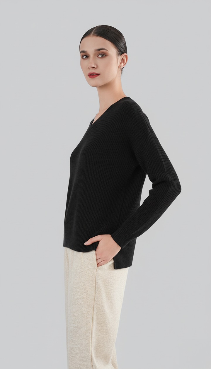 Women’s 100% Cashmere Black V-Neck Sweater