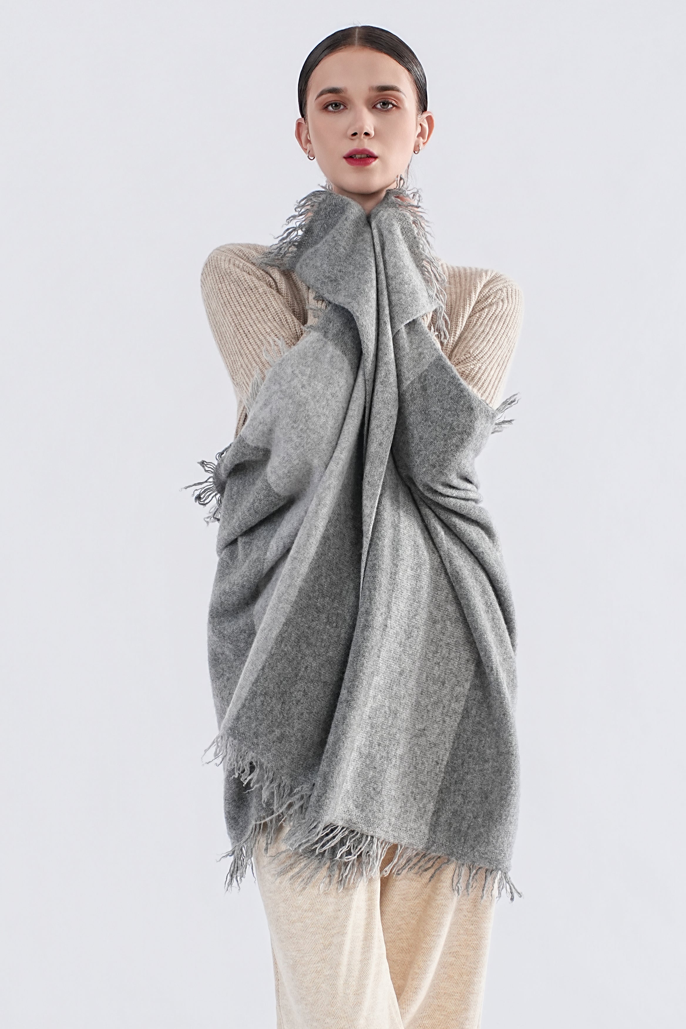 UC033S Oversized 100% Cashmere Striped Scarf & Wrap (80x200cm