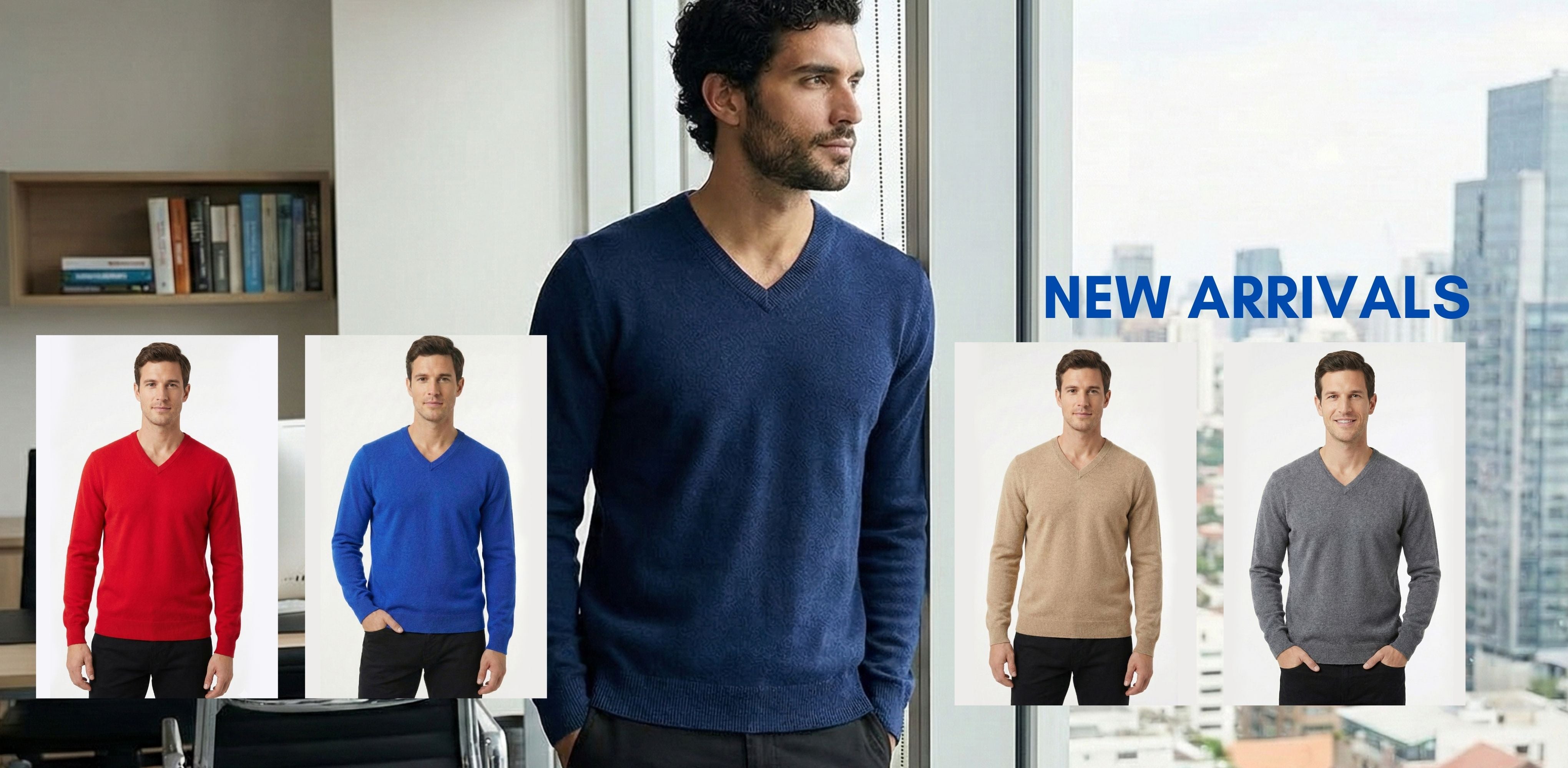 Man wearing a navy blue V-neck cashmere sweater standing near a city window, featuring the text 'New Arrivals' and inset swatches of the same sweater in red, royal blue, camel, and grey.