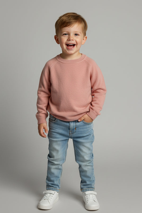 Lux Cashmere Kids' Classic Crewneck Sweater - Baby Pink - 100% Cashmere - Sizes 2T, 4T, 6T