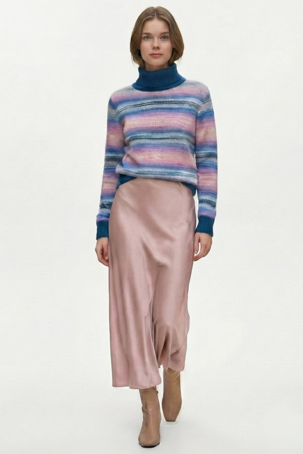 100% Cashmere Turtleneck Sweater – Blue & Pink Gradient Stripe