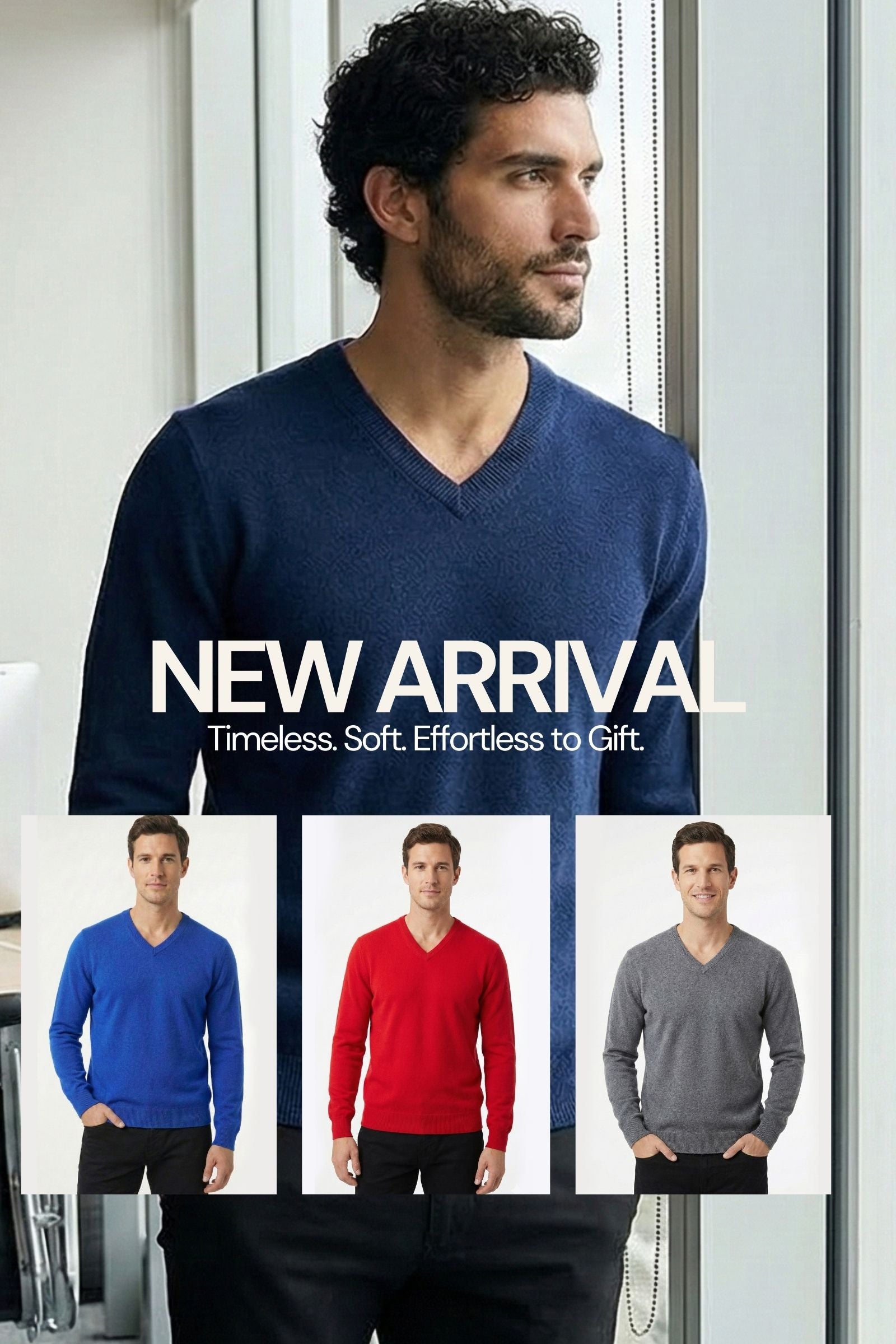 Man wearing a navy blue V-neck cashmere sweater standing near a city window, featuring the text 'New Arrivals' and inset swatches of the same sweater in red, royal blue, camel, and grey.