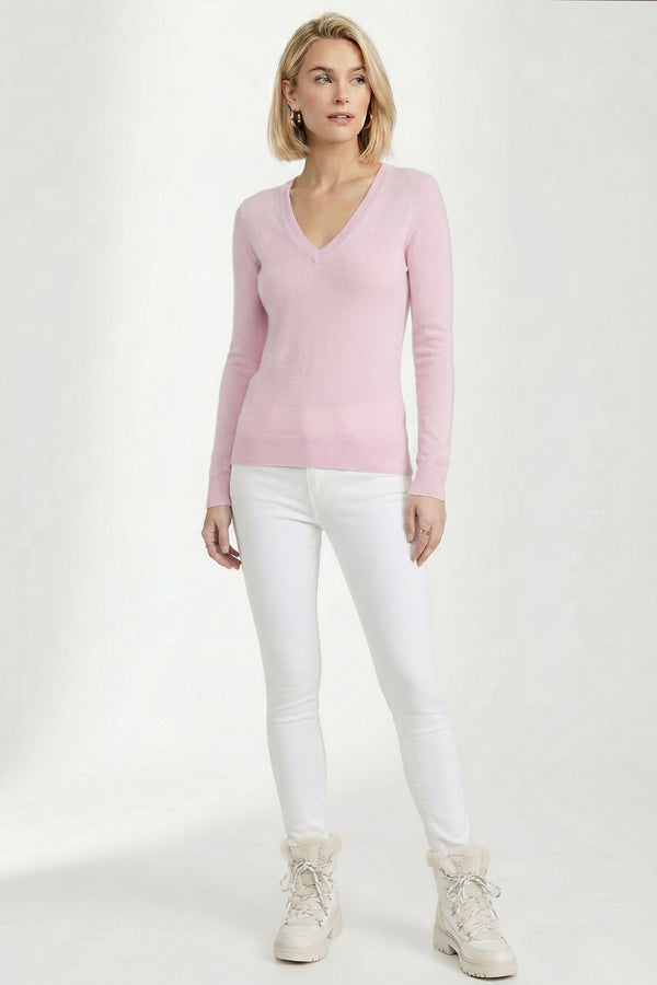 100% Cashmere Roll-Edge V-Neck Sweater – Soft Pink