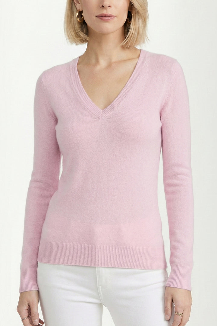 100% Cashmere Roll-Edge V-Neck Sweater – Soft Pink