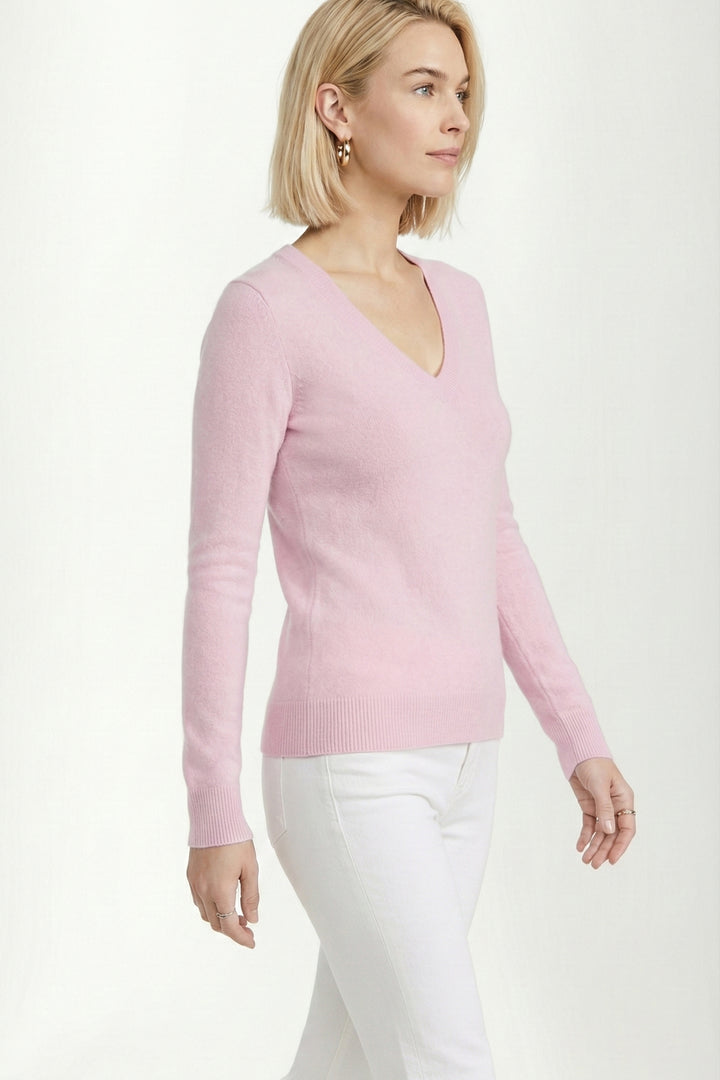 100% Cashmere Roll-Edge V-Neck Sweater – Soft Pink